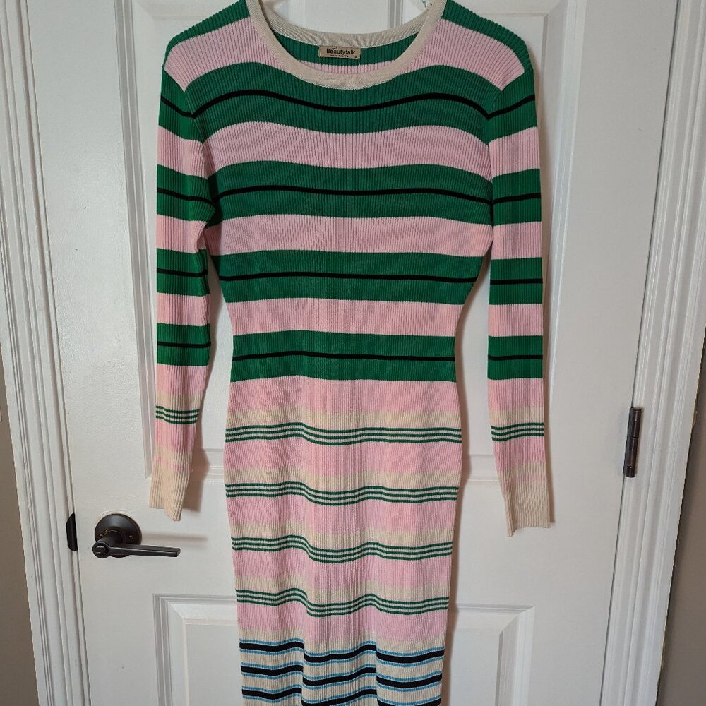 Striped Ribbed Sweater Dress, Size Small